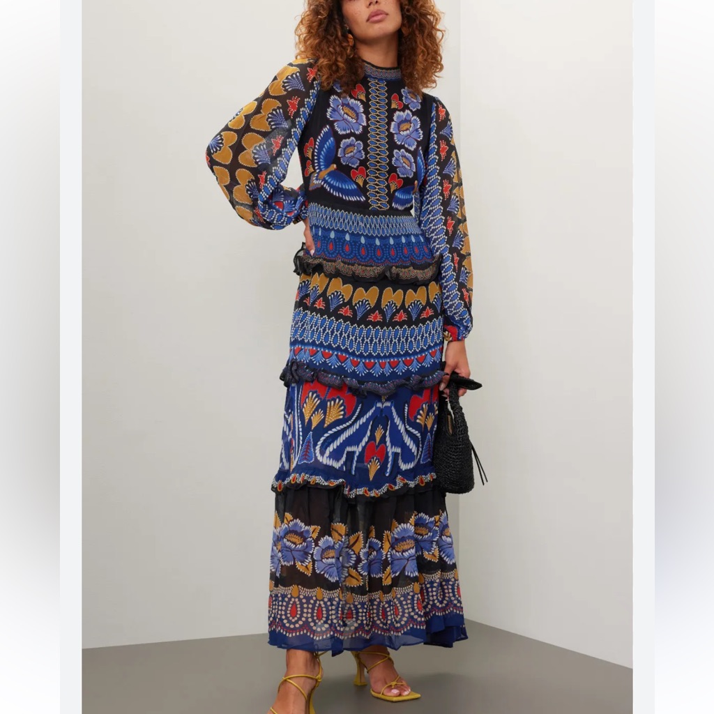 Farm Rio Blue Multi Floral Tiered Maxi Dress